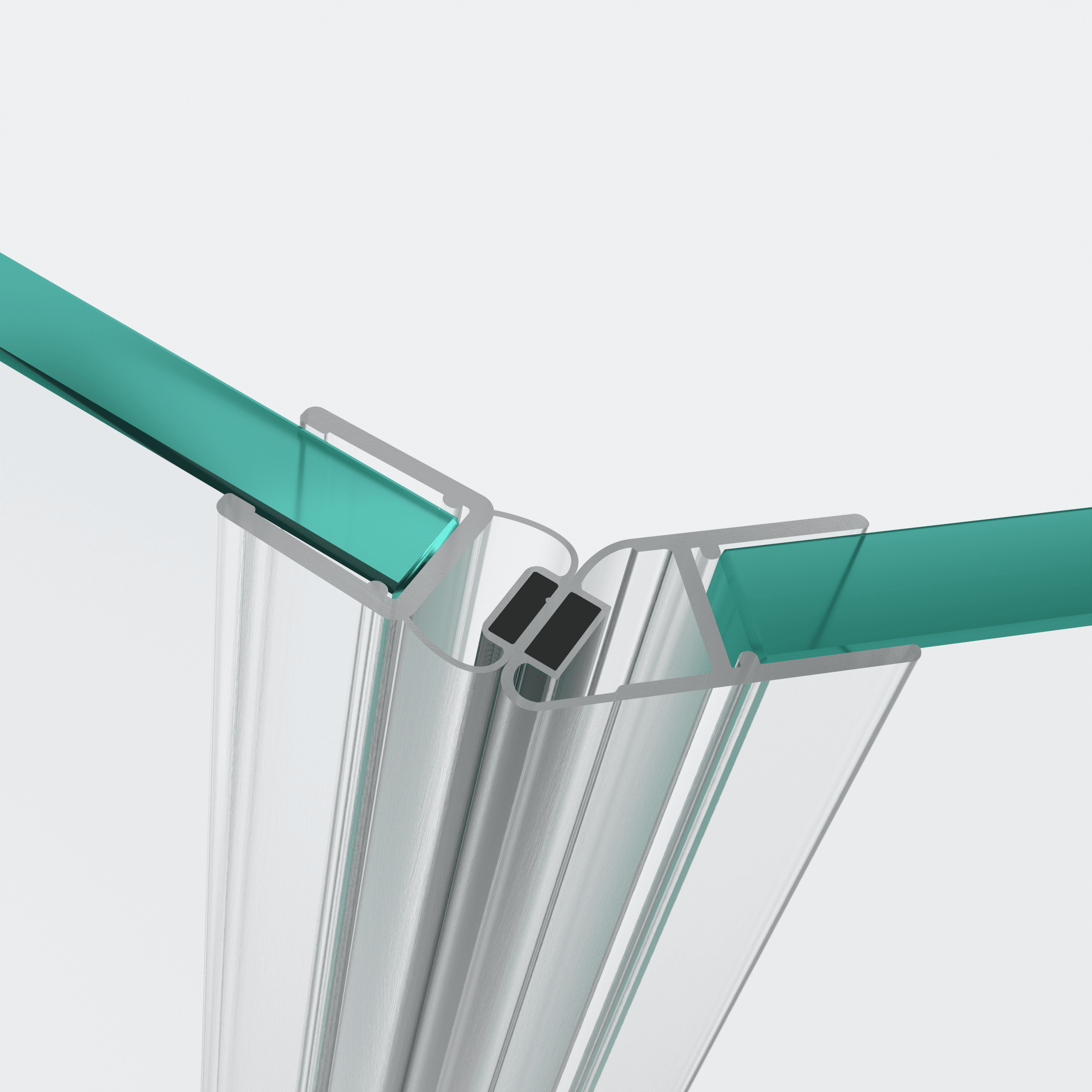 3D-Modell zweier 135°-Magnetschließleisten für eine 135°-Glas-an-Glas-Situation für 4-5mm-Glasstärke